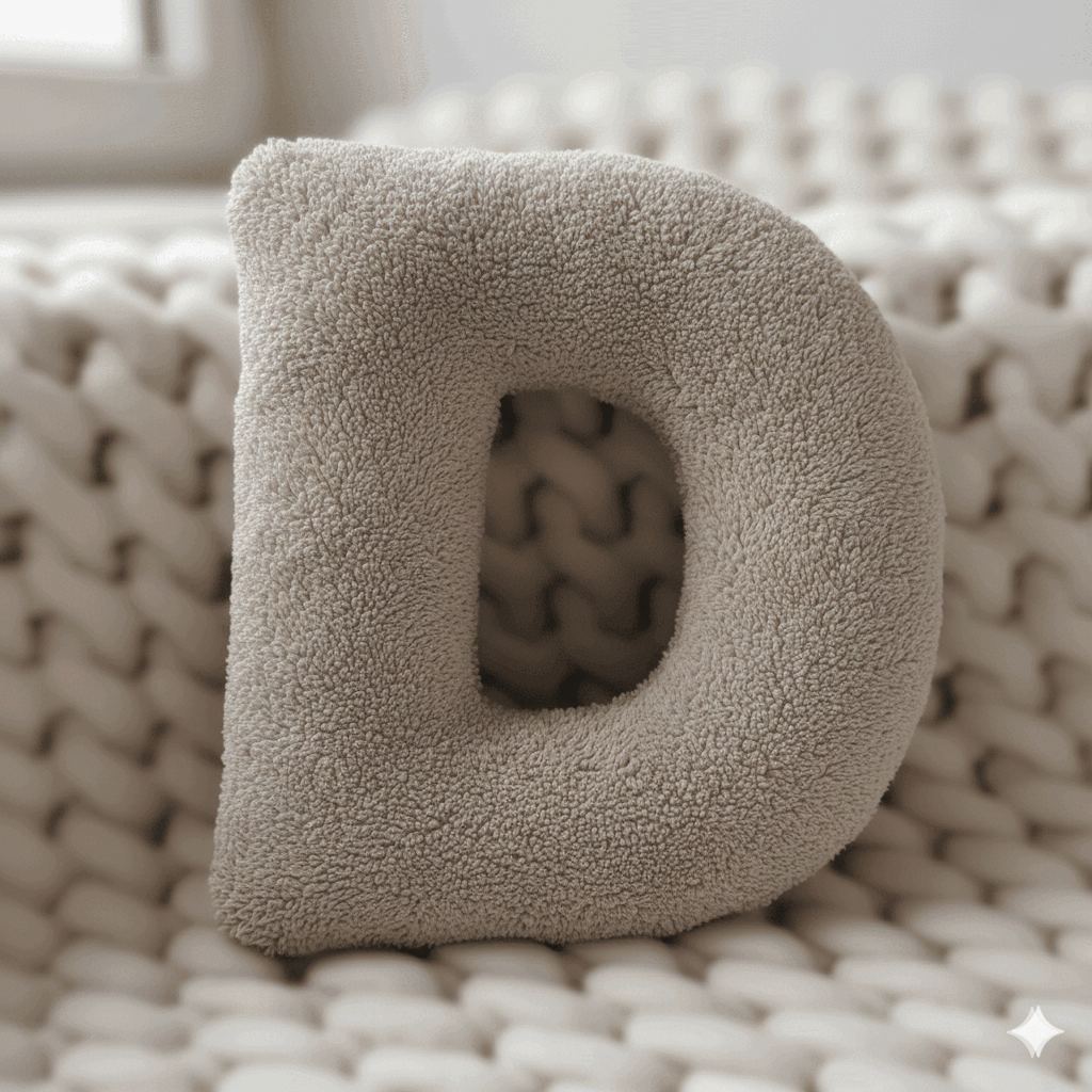 Litera, D Harfi, Yastık, Kırlent, Elyaf Dolgulu, Welsoft Kumaş, 40 Cm