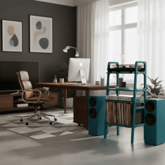 Vinilo, Ahşap, Kitaplık Ve Pikap Standı, Mavi Renk